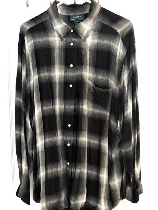 Ralph Lauren Tops - Ralph Lauren Black Gray Plaid Soft Long Sleeve Blouse Size 2X